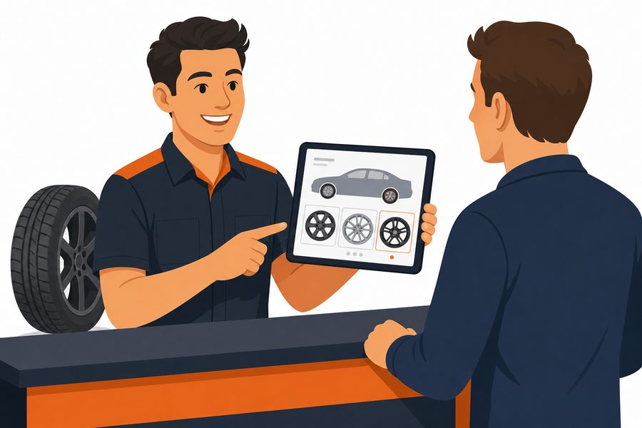 A shop employee showing a customer wheel options on a tablet at the front counter