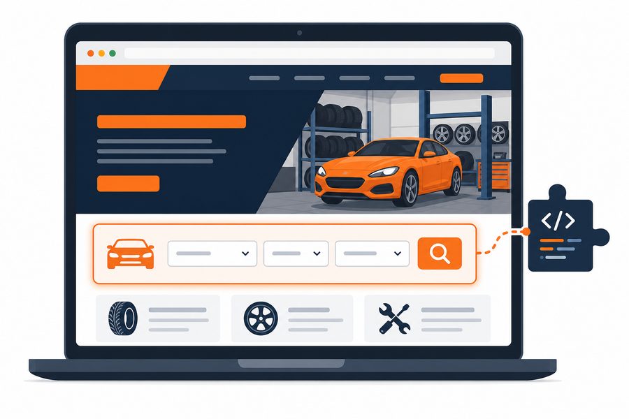 A laptop showing a website with an embedded vehicle search widget for shopping wheels and tires