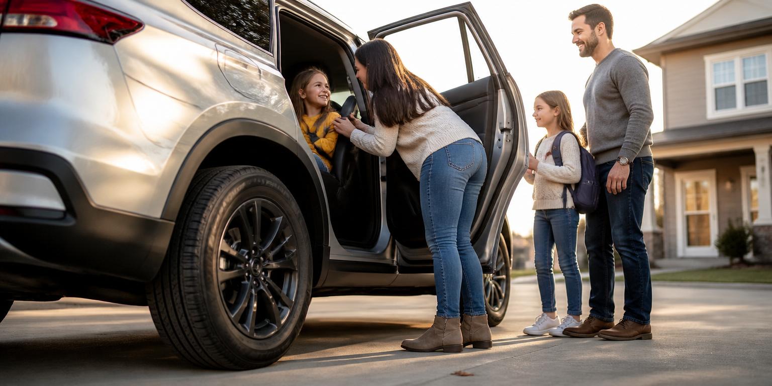 Family loading kids into an SUV with brand-new tires