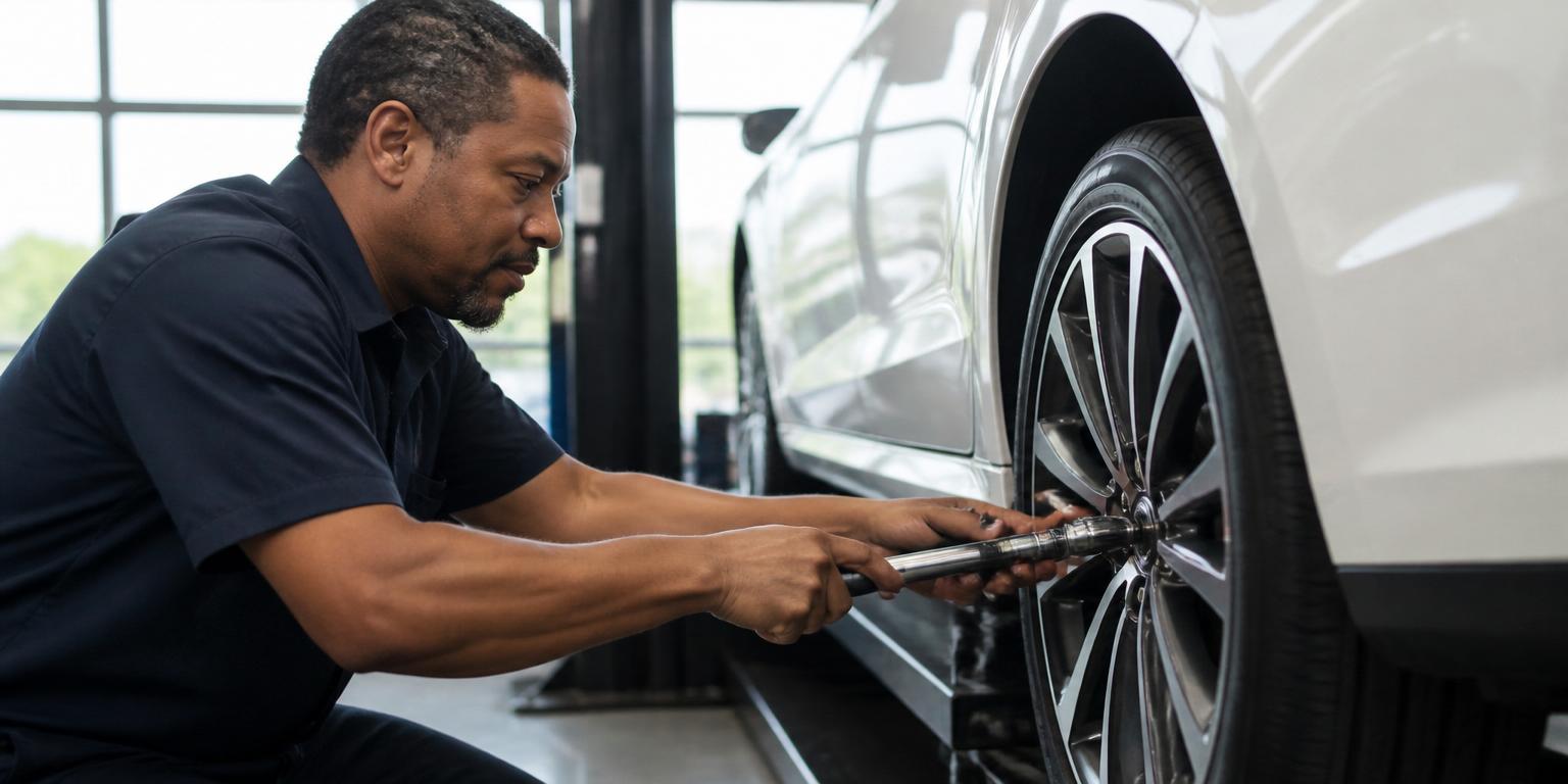 Professional mechanic torquing a new alloy wheel