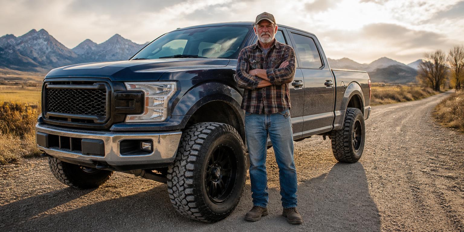 Older man standing proudly next to his lifted pickup truck