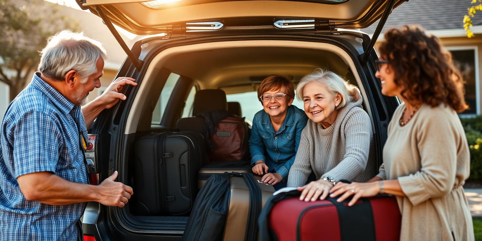 Multi-generational family packing an SUV for a road trip