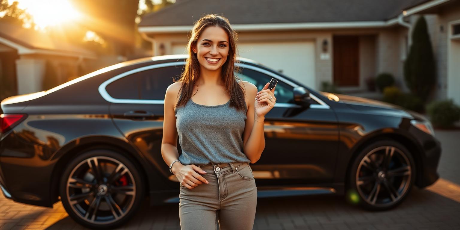 Young woman smiling next to her car with new black alloy wheels